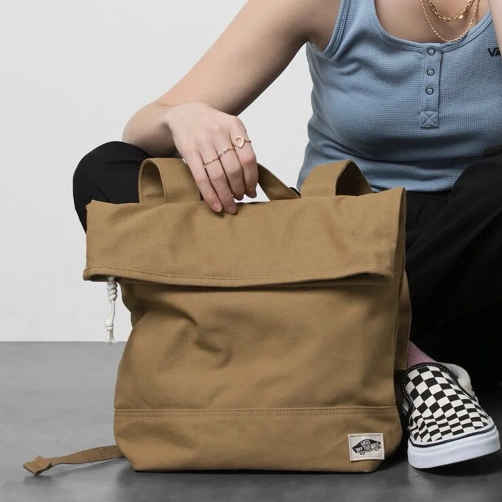 Vans Off The Wall - Brown Canvas Backpack, Zip top, Foldover Bag - Picture 9 of 9